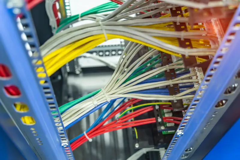 Colour-coded data and signal cabling connected inside an equipment rack