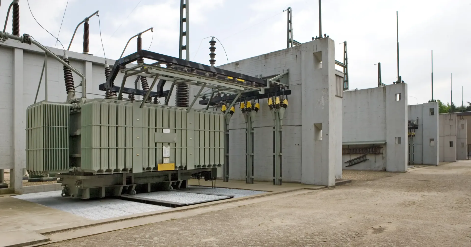 Electrical transformers and switching equipment at a distribution substation
