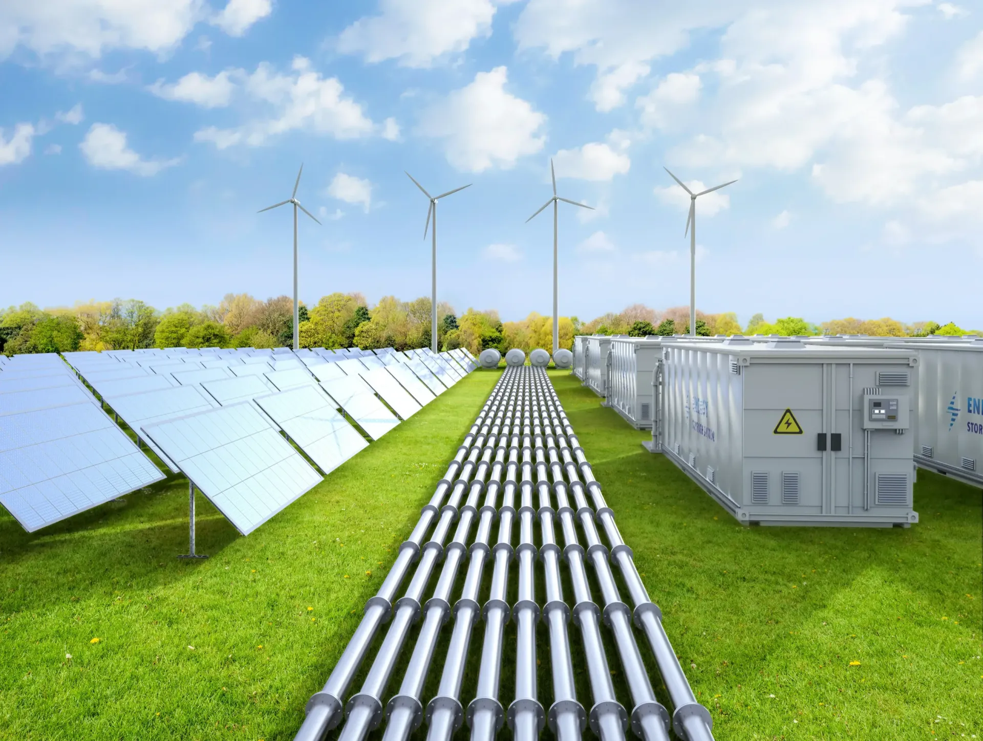 Solar panels, wind turbines and energy-storage containers connected by cable infrastructure